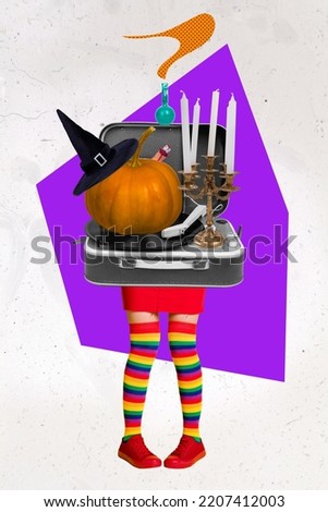 Creative trend collage of halloween decorations traditional symbols woman legs stockings witch hat vinyl recorder pumpkin candle holder