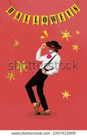 Composite collage picture image of dancing cool funny guy halloween party have fun stars muerto caballero sombrero garland poster promo