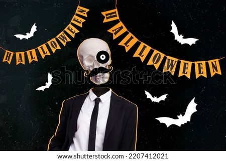 Creative drawing collage picture of halloween party decorations garlands costume skeleton skull head mustache gentleman painting background