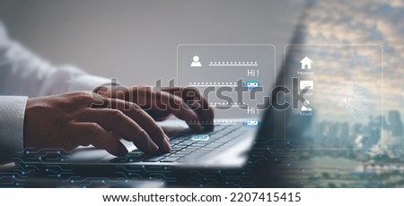 AI Chatbot Concept. Mobile Computing Application Use Artificial Intelligence Chatbot to Automatically Respond Online Messages. Business People Responding to Automated Chatbot, Modern City. Royalty-Free Stock Photo #2207415415