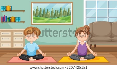 Couple doing yoga at home illustration