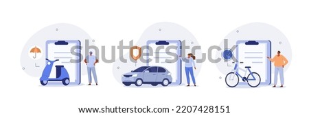 
Vehicle insurance illustration set. Characters buying car, bicycle and motorbike insurance policy with full coverage and protection. Insured persons and objects. Vector illustration.