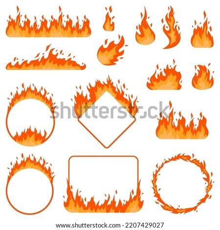Fire flames, bright fireball, campfire heat isolated icons set. Wildfire and red hot bonfire, flame in circle. Sparkling ignite, furious flammable fiery combustion. Cartoon flat vector illustration
