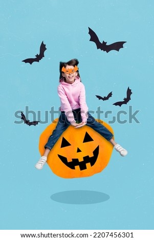 Creative drawing collage picture of happy excited little girl ride flying halloween pumpkin lumberjack carving cute face bat mask celebrate