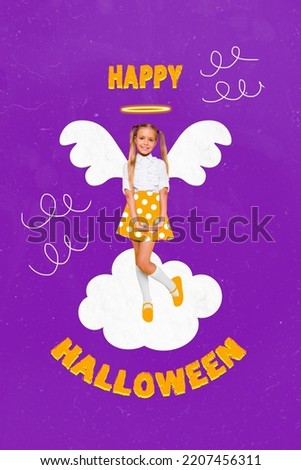 Collage 3d image of pinup pop retro sketch of innocent cute charming little girl cloud sky angel happy halloween costume poster promo party