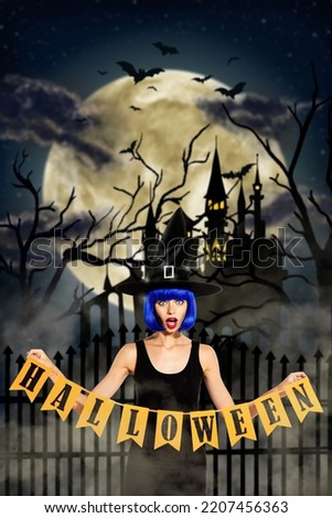 Vertical creative collage image of astonished attractive young woman witch costume dramatic night castle full moon halloween party promo