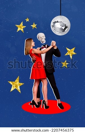 Vertical creative collage image of dancing gothic halloween spooky couple tango gentleman skeleton skull head disco ball nightclub promo