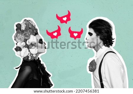 Creative poster collage of dead lovers couple kiss muertos mexican costumes halloween calavera catrina mariachi skeletons heart bubbles