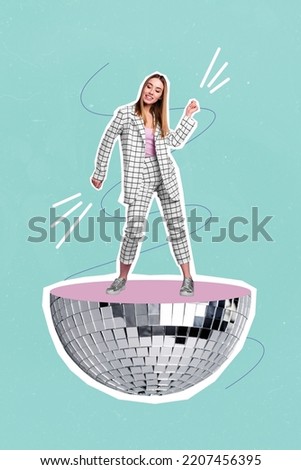 3d retro abstract creative artwork template collage of happy dancing positive young woman suit worker employee enjoy party weekend