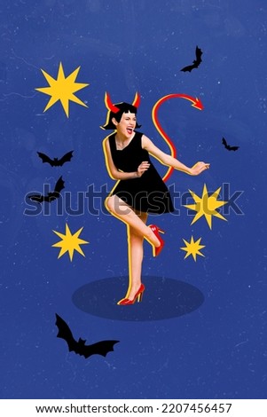 Creative drawing collage picture of energetic cool funky young woman demon devil horns tail dress heels dancing halloween party have fun