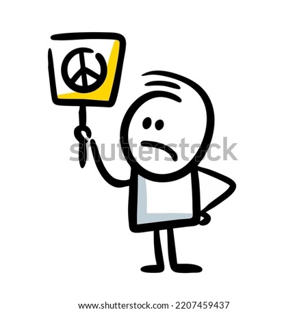 Sketch of stickman with poster in his hand.  Peace meeting vector illustration.