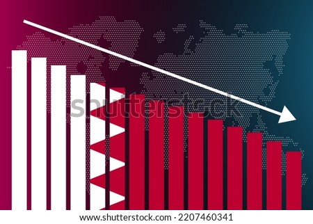 Bahrain bar chart graph, decreasing values, crisis and downgrade concept, Bahrain flag on bar graph, down arrow on data, news banner idea, fail and decrease, financial statistic