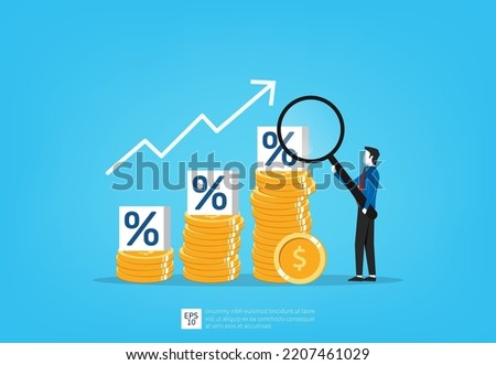 Interest rate hike due to inflation percentage rising up, businessman hold magnifying with pile of coins symbol, business concept illustration Royalty-Free Stock Photo #2207461029