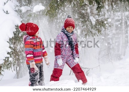 Happy Caucasian and African-American girls are walking in a winter park, shaking snow from snow-covered trees.Winter fun,active lifestyle concept.