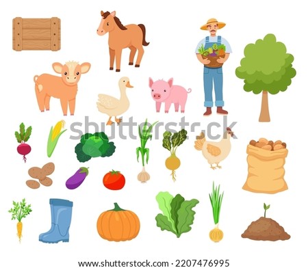 Big set of vector flat cartoon illustrations isolated on white. Vegetables, animals and cute farmer animals.