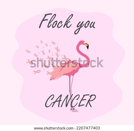 Breast cancer awareness symbol. Flock you cancer text with flamingo and pink ribbons