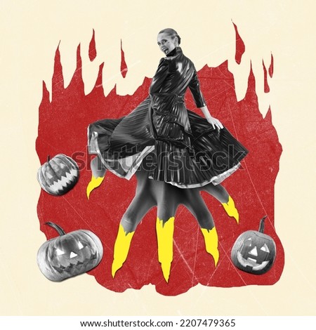 Contemporary art collage. Creepy woman in leather coat with many legs laughing around pumpkins. Monster. Concept of October holiday, Halloween, creative design, traditions. Copy space for ad, poster