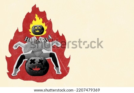 Contemporary art. Female silhouette with burning pumpkin head sitting on carved pumpkin and laughing. Concept of October holiday, Halloween, creative design, traditions. Copy space for ad, poster