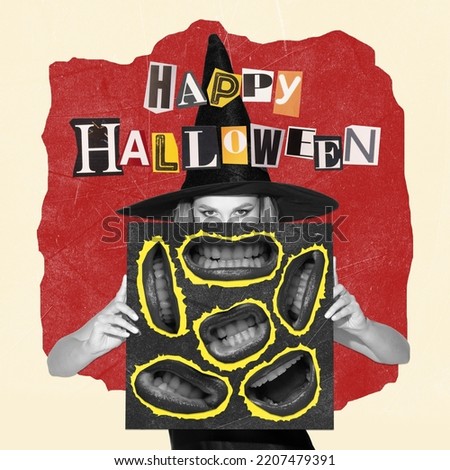 Contemporary art collage. Woman in image of witch choosing creepy smiles. Happy Halloween . Concept of October holiday, Halloween, creative design, traditions. Copy space for ad, poster
