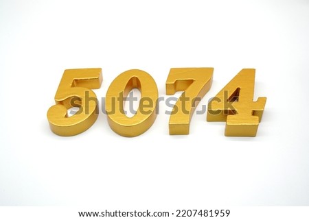     Number 5074 is made of gold-painted teak, 1 centimeter thick, placed on a white background to visualize it in 3D.                               