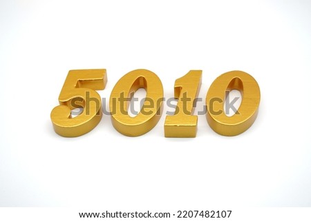  Number 5010 is made of gold-painted teak, 1 centimeter thick, placed on a white background to visualize it in 3D.                              