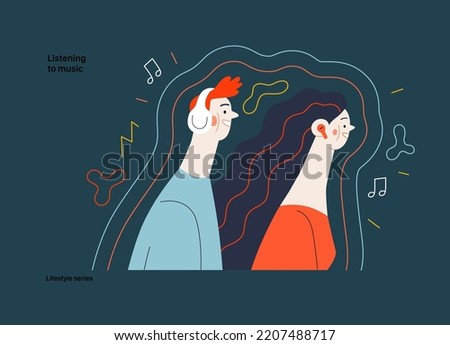 Lifestyle series - Listening to music - modern flat vector illustration of a man and a woman with buds and headphones listaening to music surrounded by waves. People activities concept