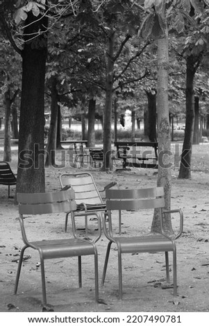 Autumn in Paris, France. Monochrome Garden Cityscape with Classic Iron Chairs. Stroll in Park.