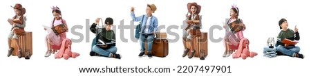 Set of cute little adventurers with books on white background