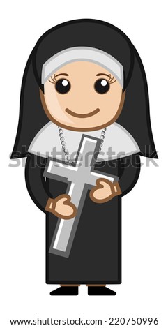 Nun Holding Holy Cross - Vector Character Cartoon Illustration
