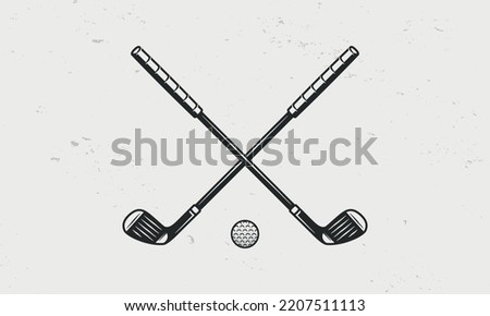 Golf clubs and ball silhouettes isolated on white background. Crossed Golf clubs. Vintage design elements for logo, badges, banners, labels. Vector illustration Royalty-Free Stock Photo #2207511113