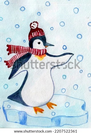 Watercolor hand painted illustration  with christmas penguin in hat.Is good for post cards,book illustration,fabric,paper design and more ideas.