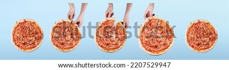 Photos  pizza with becon and woman's hands. Pizza on the background. Cut and type your text.