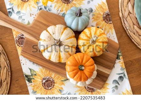 Colorful pumpkins on a stylish autumn dining table