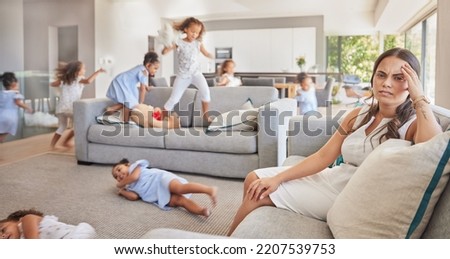 Stress, headache and children running, with mother in living room together with family, mental health and fatigue. Sad, tired and anxiety with mom on sofa while kids play in lounge for crazy or youth Royalty-Free Stock Photo #2207539753