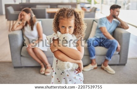 Sad girl, fighting parents thinking of divorce in living room and child scared family will separate. Depressed toxic home worry kid with support needs, upset mother and frustrated father in argument Royalty-Free Stock Photo #2207539755