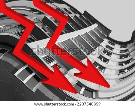Two red 3d large arrow down sign on exterior of new multi-story monochrome residential building background. Renting flat. Concept of Sale and rental apartment. Mortgage rate. Inflation. Construction.