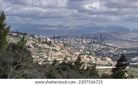 View of Southern Labanon villages and Metula (in Israel)  as seen from Mitzpe Benya lookout, located at the foot of Misgav Am, Upper Galilee,Northern Israel, Israel