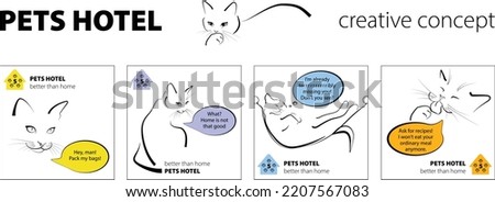 Pets hotel creative concept, cats talking illustration in vector comics