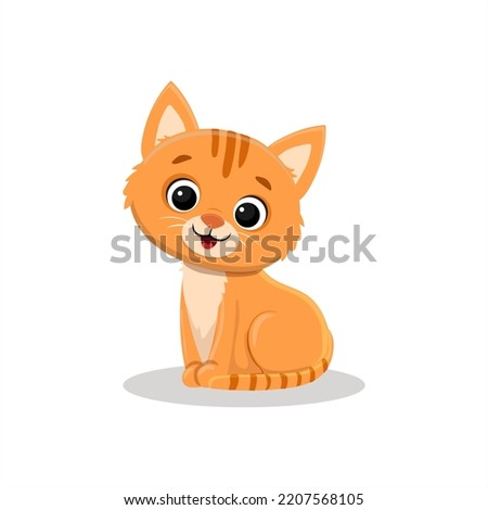 red cat sits on a white background. Cute ginger kitten in cartoon style. Vector illustration  for postcard, banner, web, design, arts