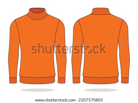 Blank Orange Turtle Neck Long Sleeve T-Shirt Template On White Background.Front and Back View, Vector File