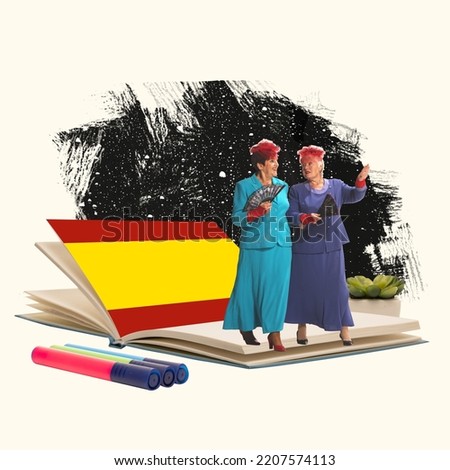 Spanish language courses for senior people. Two women strolling in Spain and learning foreign language. Distance education, remote school, studying. Concept of global communication