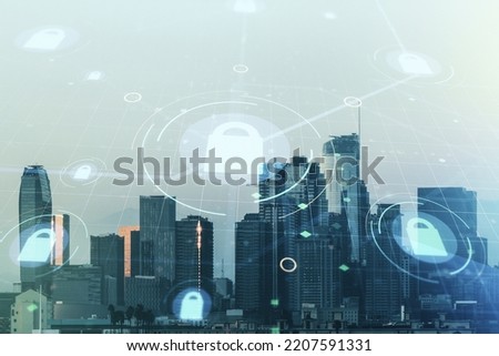 Virtual creative lock symbol and microcircuit illustration on Los Angeles skyline background. Protection and firewall concept. Multiexposure