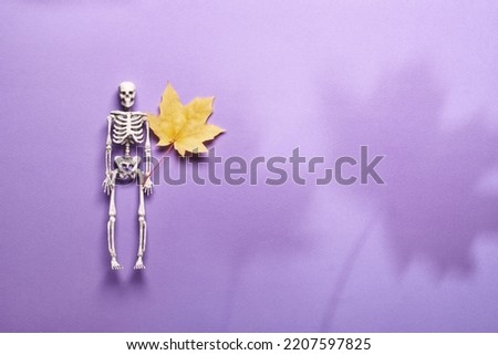 Skeleton with yellow autumn leaf on purple background. Halloween party decorations, trendy shadows