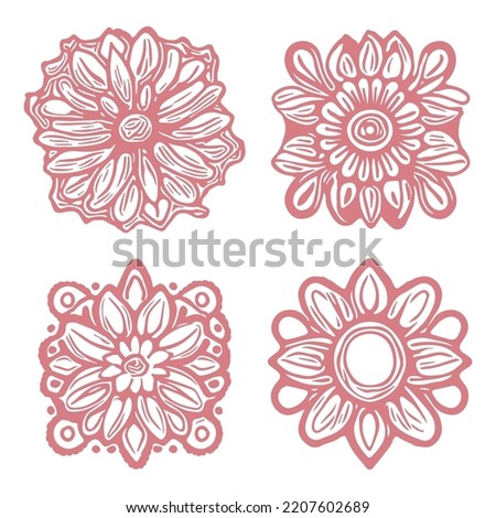 Decorative flower single icon set. Vintage vector botanical floral clipart group for eco beauty. Illustration of summer wildlife ornate bloom. 