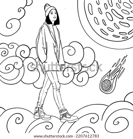 Fashionable illustration. A girl walks through the clouds.