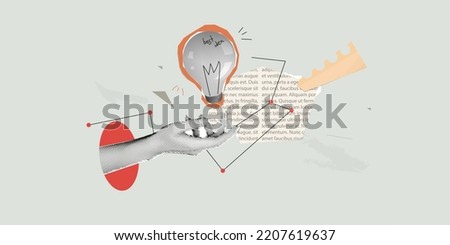 Vector collage grunge banner. A hand cut out of paper holds a light bulb that symbolizes an idea. Clippings from a magazine with text. Doodle elements on retro poster.   Royalty-Free Stock Photo #2207619637