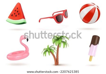 Set of toy watermelons, glasses, inflatable ball and circle, palm trees, ice cream on a white background. Vector illustration