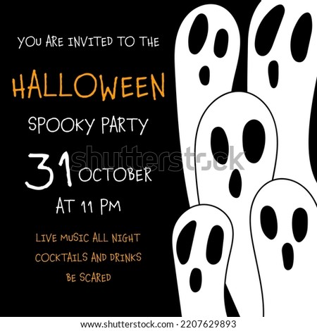 Halloween spooky party invitation banner or poster with scary ghosts or phantoms silhouettes. Halloween party flyer or invite for holiday celebration on October 31. Vector illustration in flat style.