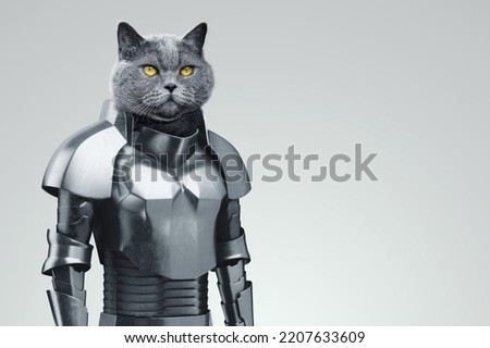 the head of an animal on a human body, the head of a cat in knightly armor. modern design, magazine style.