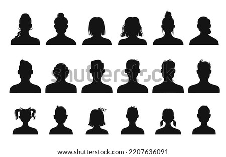 Avatar profile silhouettes of kid, people and senior. Vector anonymous portraits of male and female persons. Social media user profile avatars of man, woman, girl and boy head and shoulder silhouettes